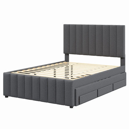 Linen Fabric Upholstered Platform Bed with Stripe Headboard & Footboard, Pull-out Trundle Bed & 3 Drawers, Wood Panel Bed
