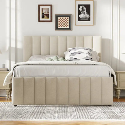 Linen Fabric Upholstered Platform Bed with Stripe Headboard & Footboard, Pull-out Trundle Bed & 3 Drawers, Wood Panel Bed