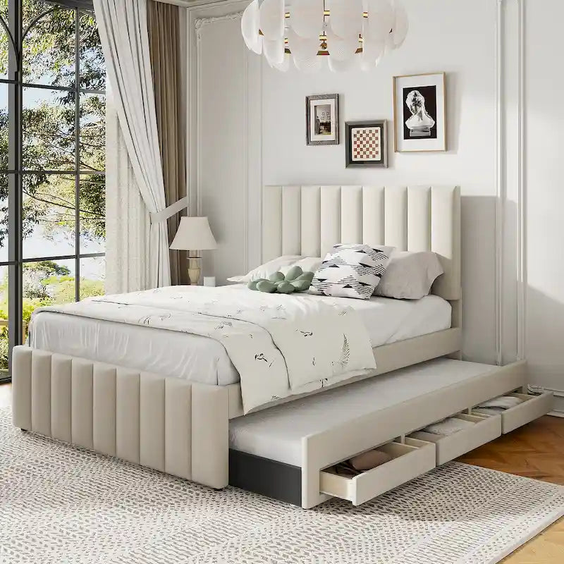 Linen Fabric Upholstered Platform Bed with Stripe Headboard & Footboard, Pull-out Trundle Bed & 3 Drawers, Wood Panel Bed
