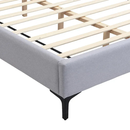 Grey Linen Platform Bed Upholstered Wingback Big Frame Bed with Bedside Lights and Shelves Storage Bed, Chic Panel Bed