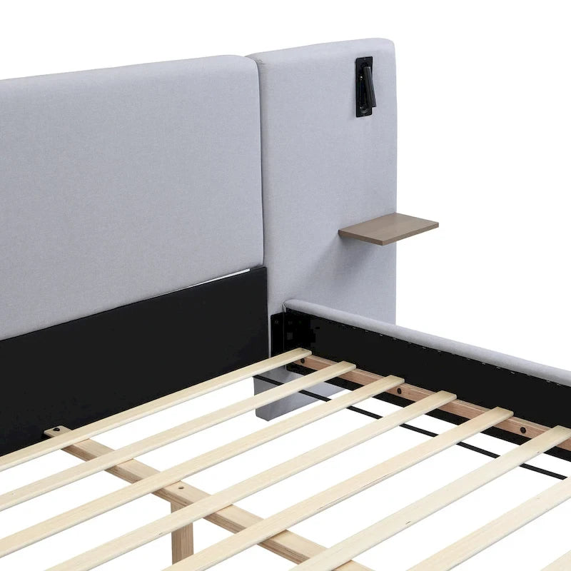 Grey Linen Platform Bed Upholstered Wingback Big Frame Bed with Bedside Lights and Shelves Storage Bed, Chic Panel Bed