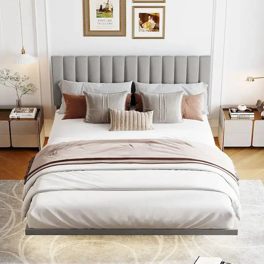 Grey Queen Size Velvet Upholstered Queen Bed with Sensor Light, Floating Platform Design, and Headboard