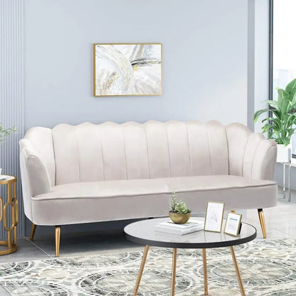 Beige / Turquoise / Blush / Natural / Honey / Teal Channel Stitched Velvet Sofa, 3-Seater, Gold Metal Legs