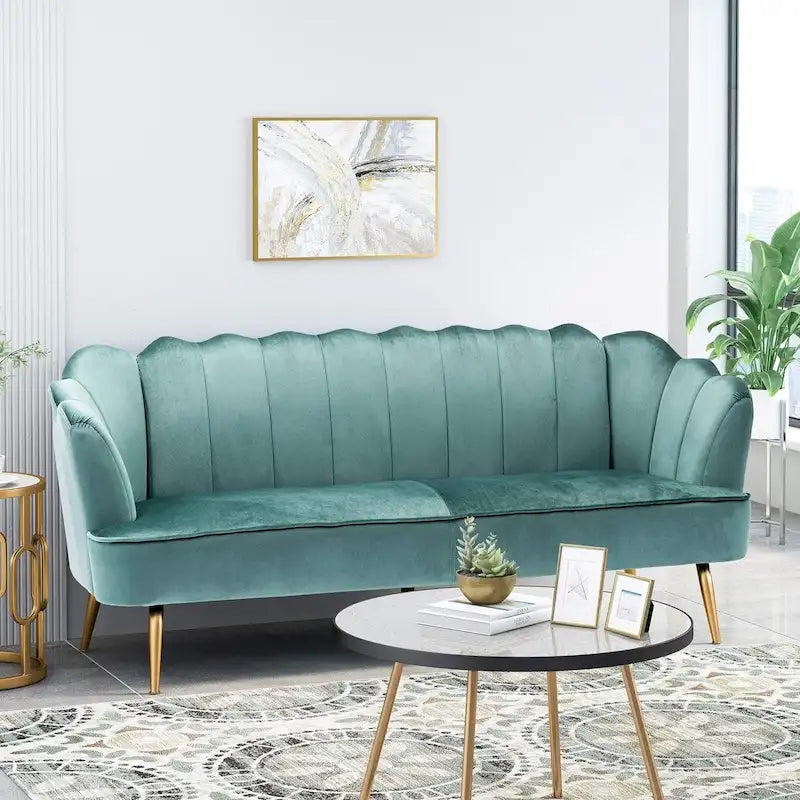 Beige / Turquoise / Blush / Natural / Honey / Teal Channel Stitched Velvet Sofa, 3-Seater, Gold Metal Legs