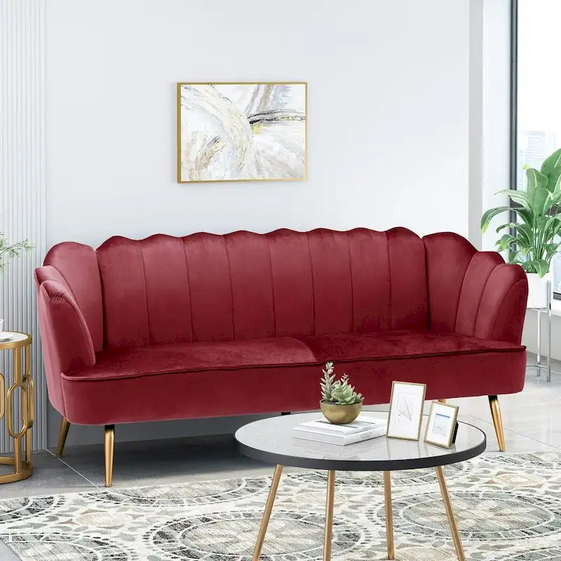 Beige / Turquoise / Blush / Natural / Honey / Teal Channel Stitched Velvet Sofa, 3-Seater, Gold Metal Legs