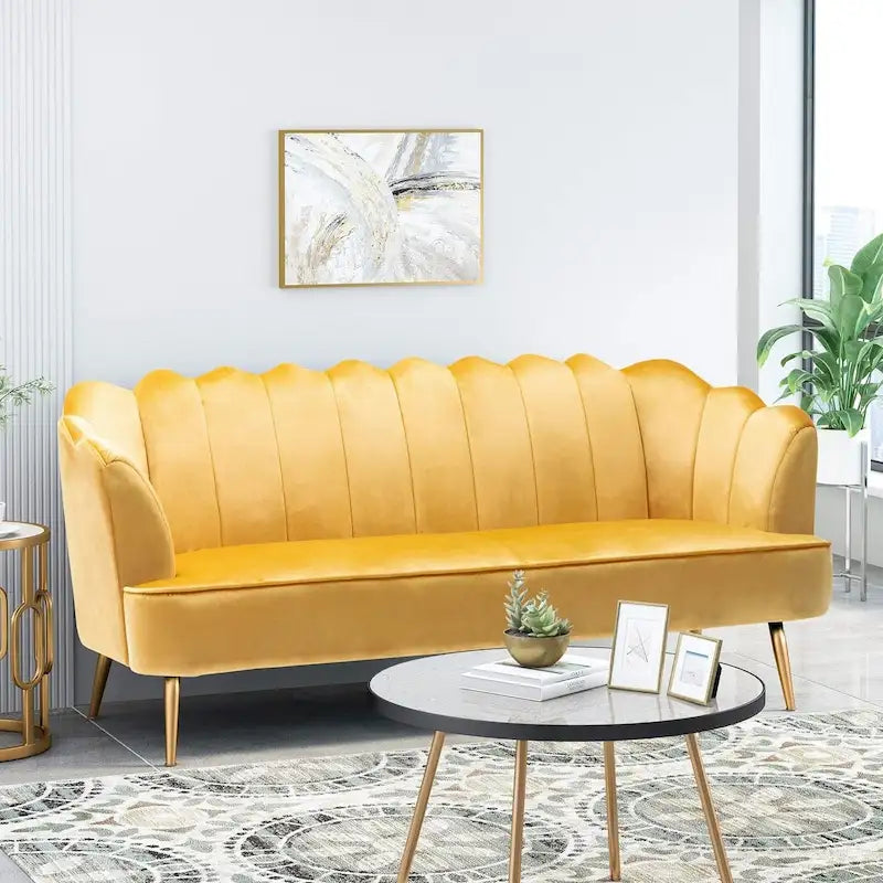 Beige / Turquoise / Blush / Natural / Honey / Teal Channel Stitched Velvet Sofa, 3-Seater, Gold Metal Legs