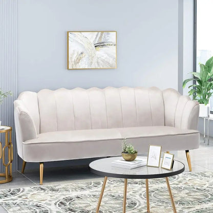 Beige / Turquoise / Blush / Natural / Honey / Teal Channel Stitched Velvet Sofa, 3-Seater, Gold Metal Legs