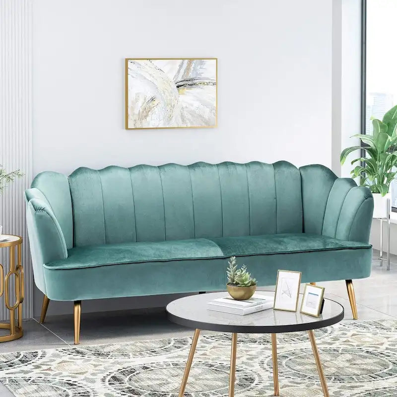 Beige / Turquoise / Blush / Natural / Honey / Teal Channel Stitched Velvet Sofa, 3-Seater, Gold Metal Legs