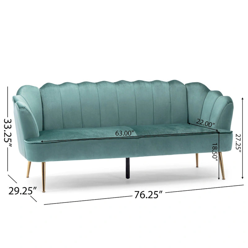 Beige / Turquoise / Blush / Natural / Honey / Teal Channel Stitched Velvet Sofa, 3-Seater, Gold Metal Legs