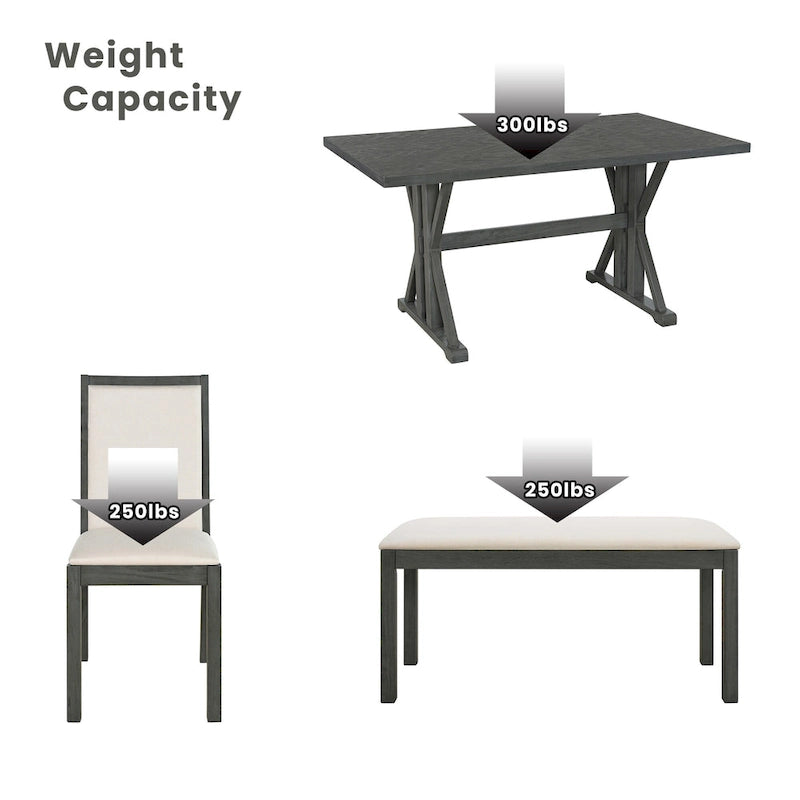 Farmhouse Style 6-Piece Dining Table Set with 4 Upholstered Dining Chairs and Bench
