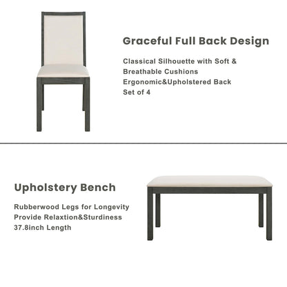 Farmhouse Style 6-Piece Dining Table Set with 4 Upholstered Dining Chairs and Bench