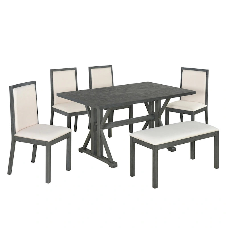 Farmhouse Style 6-Piece Dining Table Set with 4 Upholstered Dining Chairs and Bench