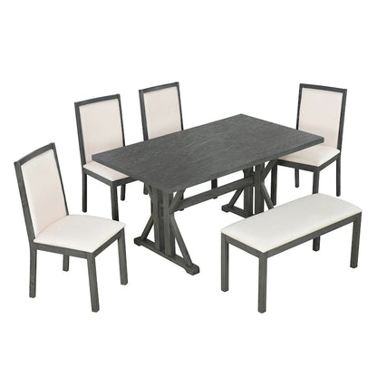 Farmhouse Style 6-Piece Dining Table Set with 4 Upholstered Dining Chairs and Bench