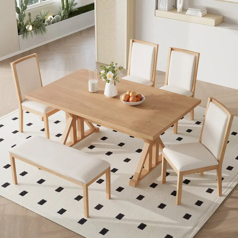 Farmhouse Style 6-Piece Dining Table Set with 4 Upholstered Dining Chairs and Bench