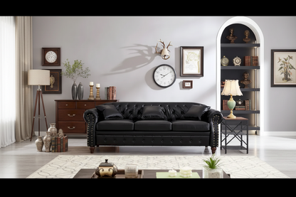 Technical Leather 3-Seater Sofa with Tufted Backrest and Storage