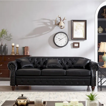 Technical Leather 3-Seater Sofa with Tufted Backrest and Storage