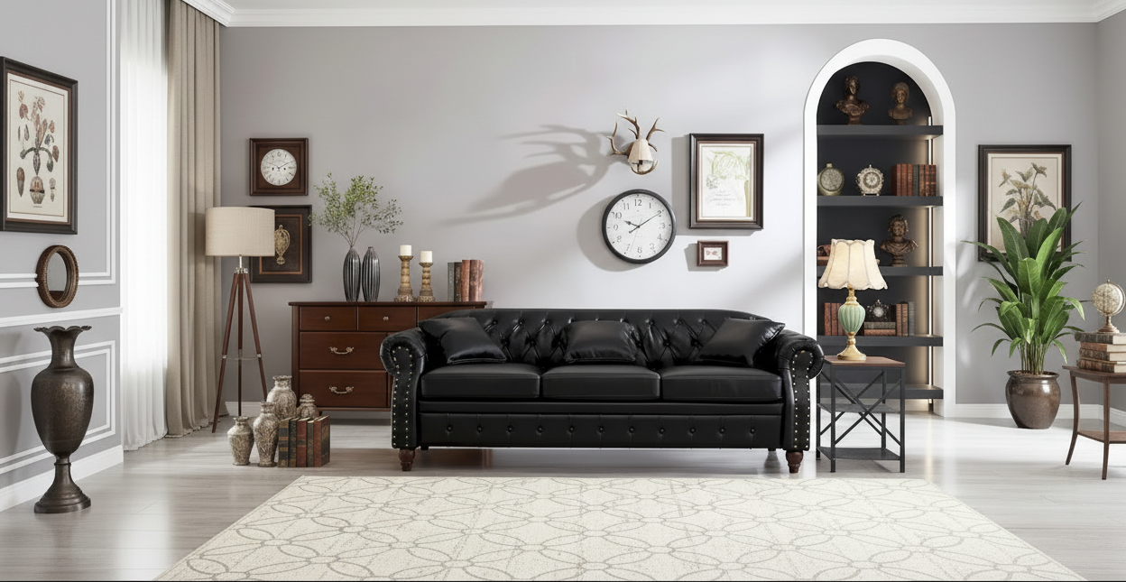 Technical Leather 3-Seater Sofa with Tufted Backrest and Storage
