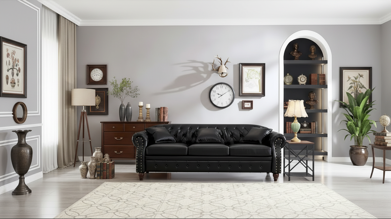 Technical Leather 3-Seater Sofa with Tufted Backrest and Storage