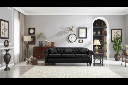 Technical Leather 3-Seater Sofa with Tufted Backrest and Storage