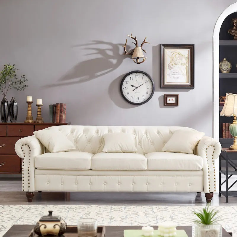 Technical Leather 3-Seater Sofa with Tufted Backrest and Storage