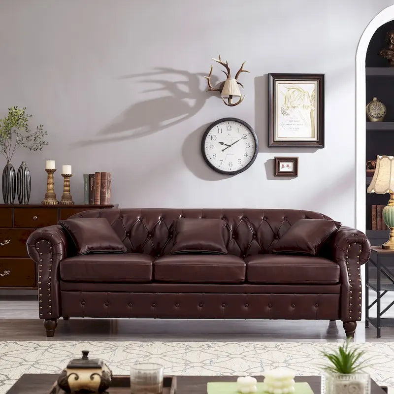 Technical Leather 3-Seater Sofa with Tufted Backrest and Storage