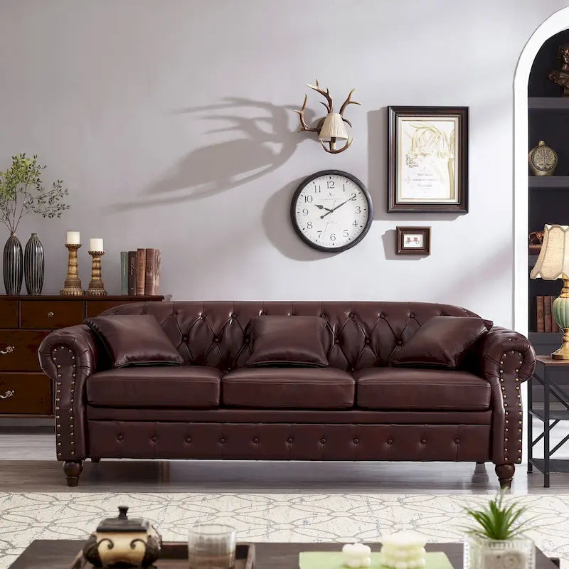 85.8 Technical Leather 3-Seater Sofa with Tufted Backrest & Storage
