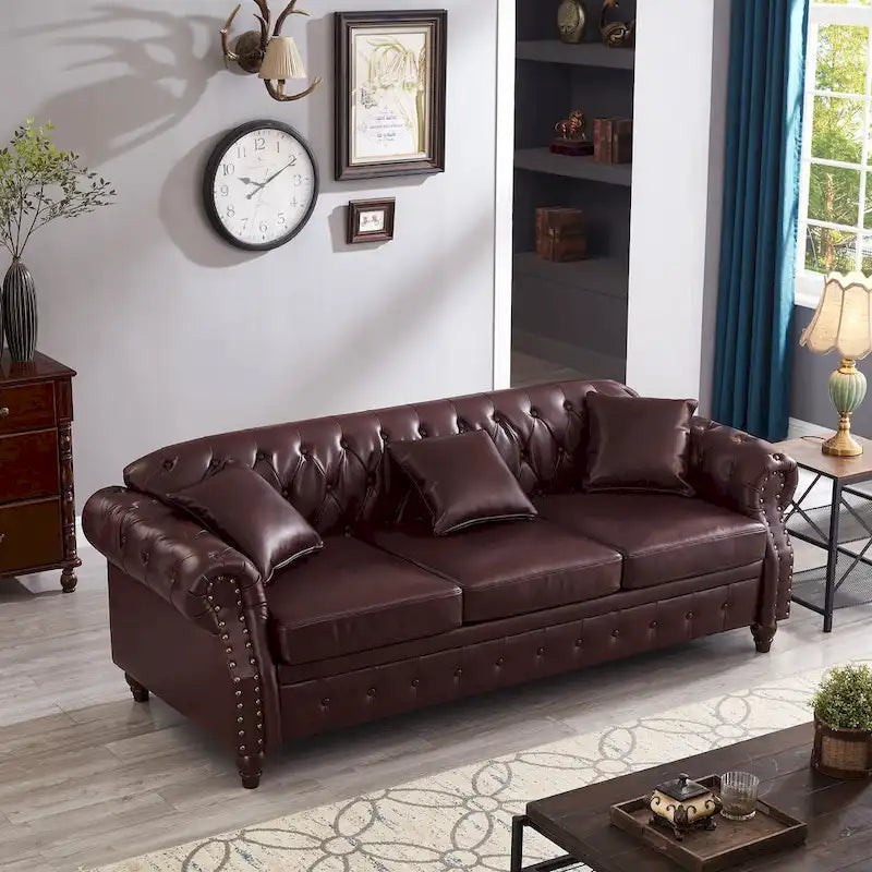 Technical Leather 3-Seater Sofa with Tufted Backrest and Storage
