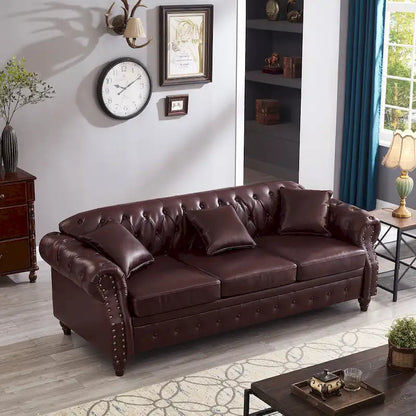 Technical Leather 3-Seater Sofa with Tufted Backrest and Storage