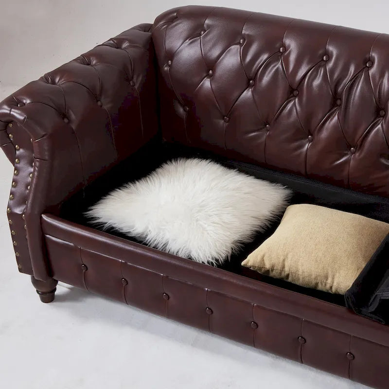 Technical Leather 3-Seater Sofa with Tufted Backrest and Storage