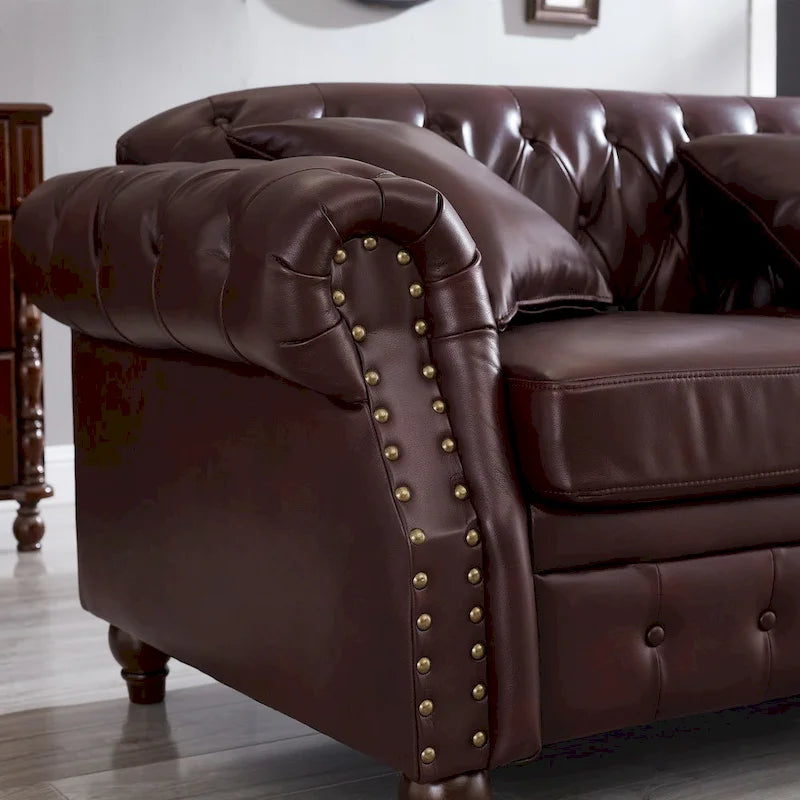 Technical Leather 3-Seater Sofa with Tufted Backrest and Storage