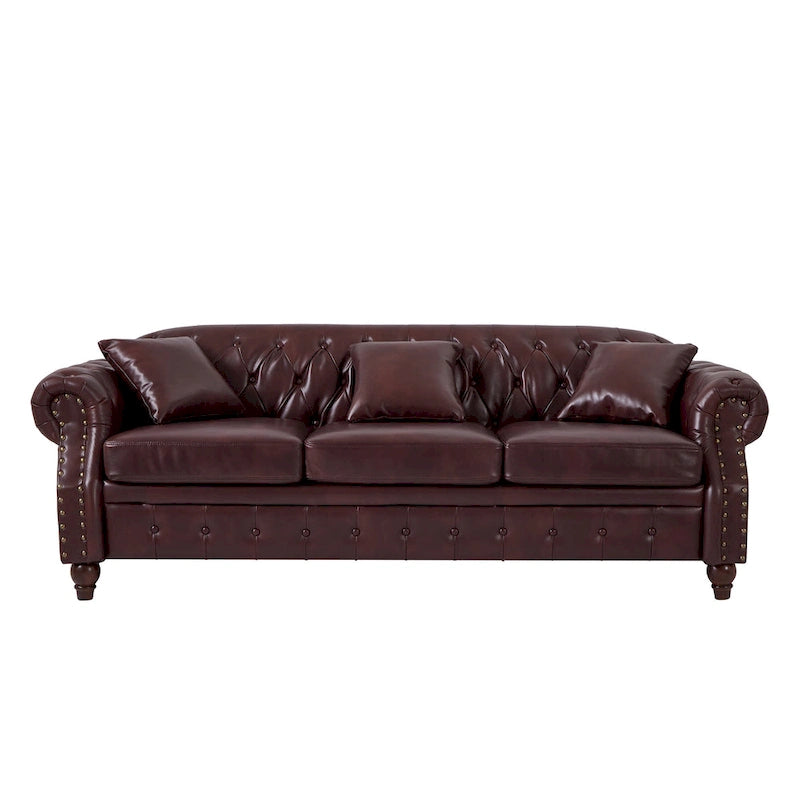 Technical Leather 3-Seater Sofa with Tufted Backrest and Storage