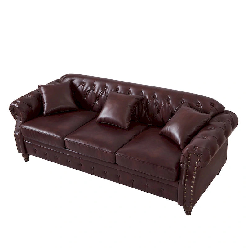 Technical Leather 3-Seater Sofa with Tufted Backrest and Storage
