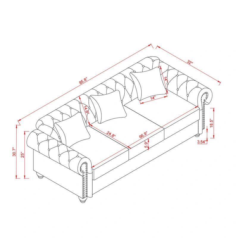 Technical Leather 3-Seater Sofa with Tufted Backrest and Storage