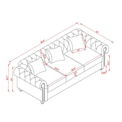 Technical Leather 3-Seater Sofa with Tufted Backrest and Storage