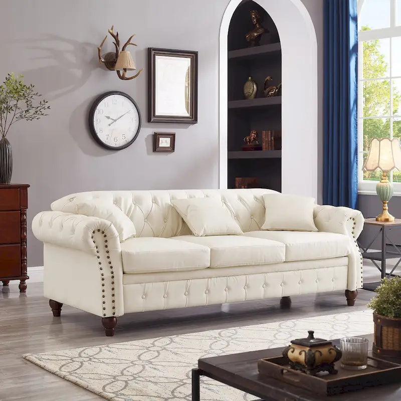 Technical Leather 3-Seater Sofa with Tufted Backrest and Storage