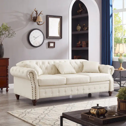 Technical Leather 3-Seater Sofa with Tufted Backrest and Storage