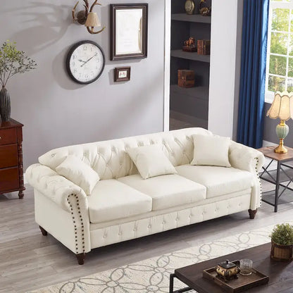 Technical Leather 3-Seater Sofa with Tufted Backrest and Storage