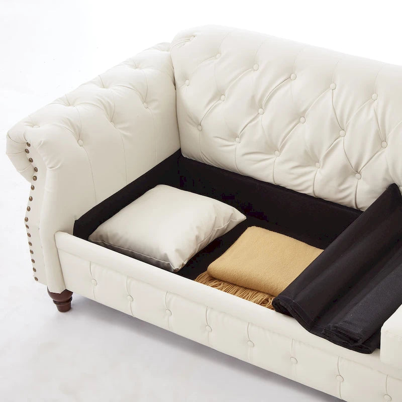 Technical Leather 3-Seater Sofa with Tufted Backrest and Storage