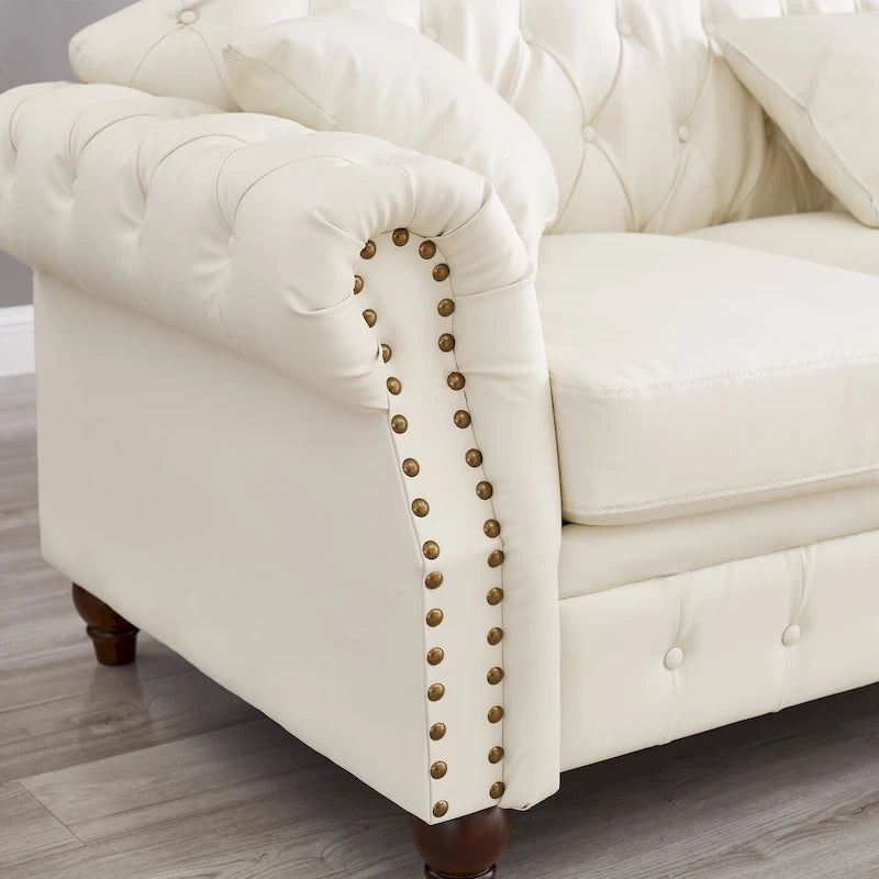 Technical Leather 3-Seater Sofa with Tufted Backrest and Storage