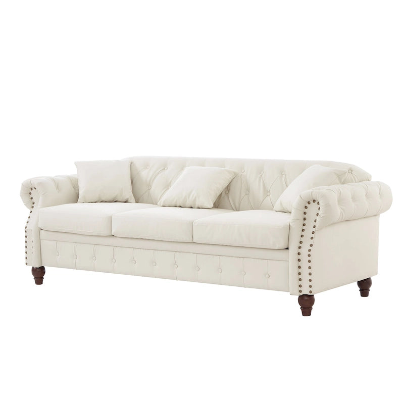 Technical Leather 3-Seater Sofa with Tufted Backrest and Storage