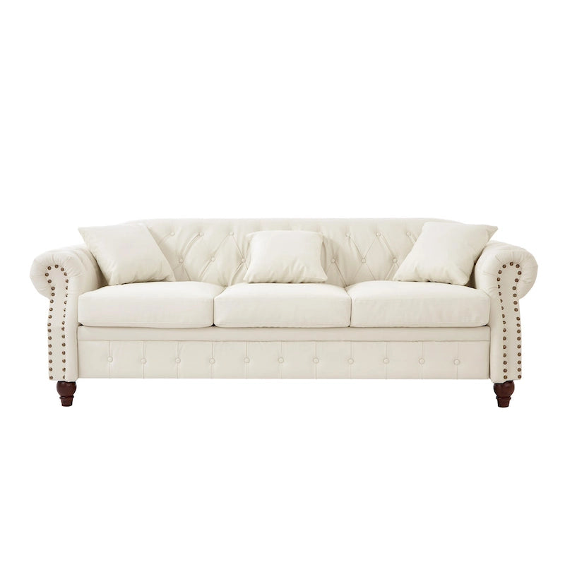 Technical Leather 3-Seater Sofa with Tufted Backrest and Storage