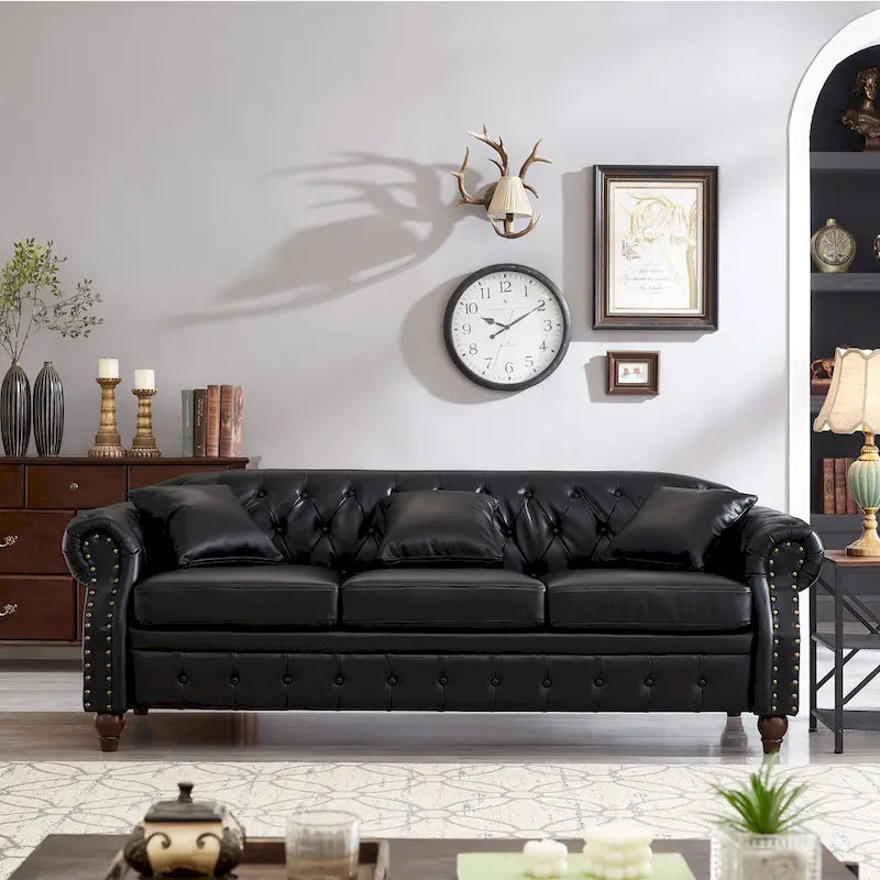 Technical Leather 3-Seater Sofa with Tufted Backrest and Storage
