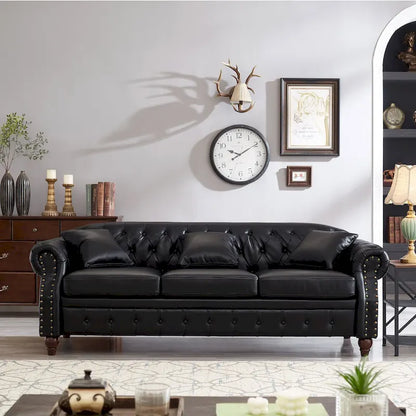 Technical Leather 3-Seater Sofa with Tufted Backrest and Storage