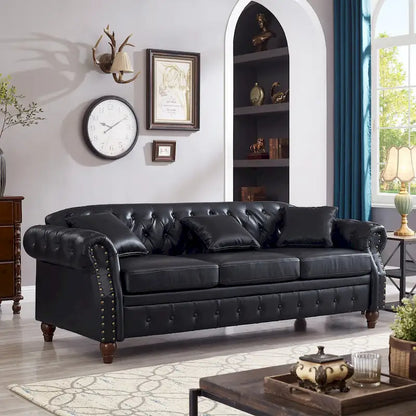 Technical Leather 3-Seater Sofa with Tufted Backrest and Storage