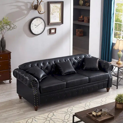 Technical Leather 3-Seater Sofa with Tufted Backrest and Storage