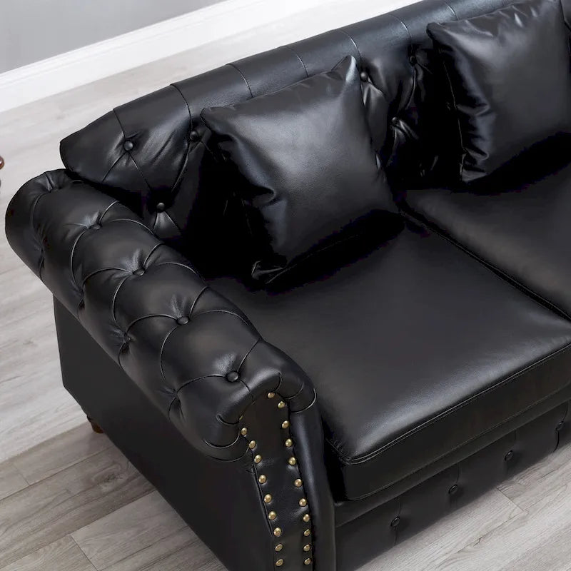 Technical Leather 3-Seater Sofa with Tufted Backrest and Storage