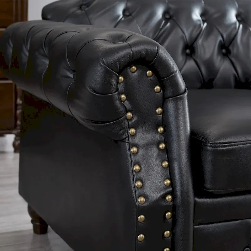 Technical Leather 3-Seater Sofa with Tufted Backrest and Storage