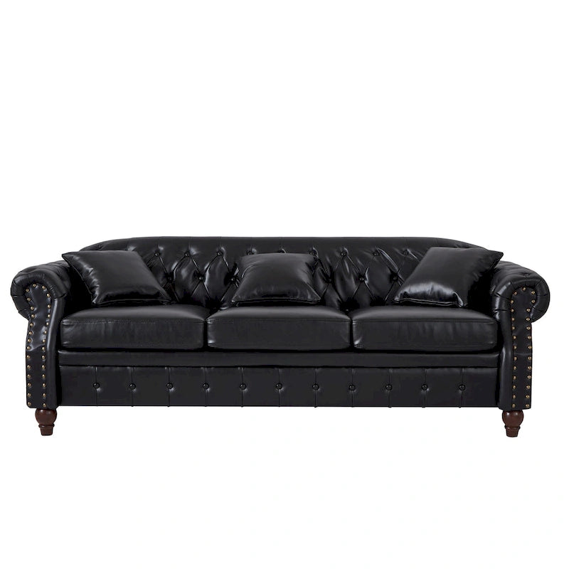 Technical Leather 3-Seater Sofa with Tufted Backrest and Storage