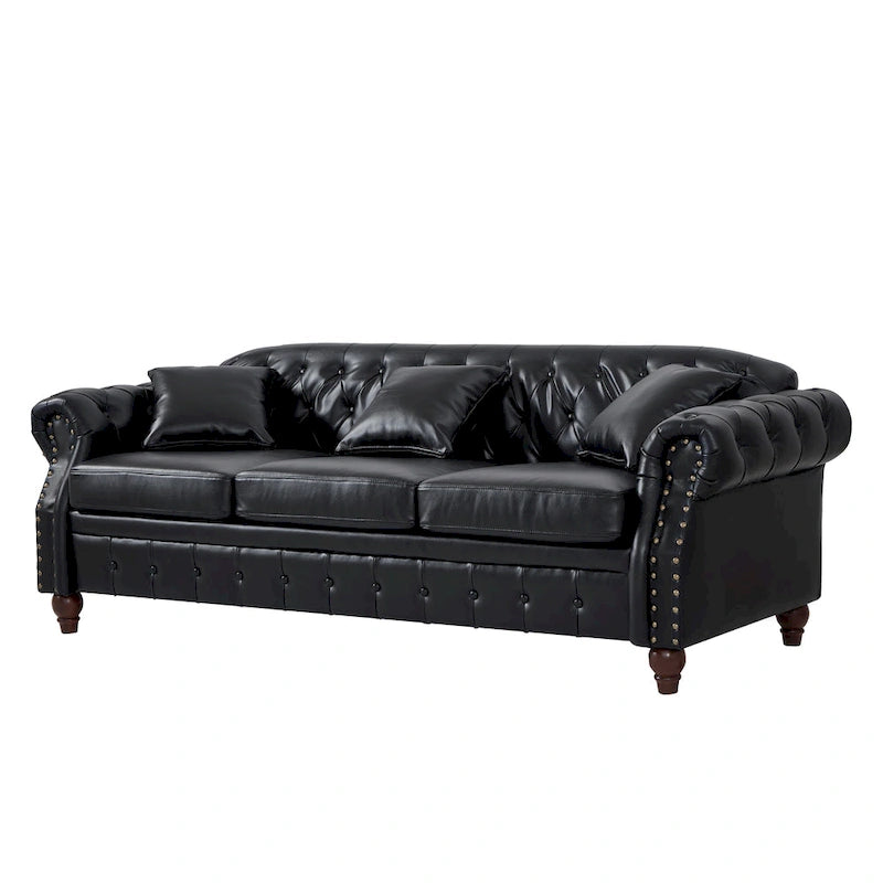 Technical Leather 3-Seater Sofa with Tufted Backrest and Storage