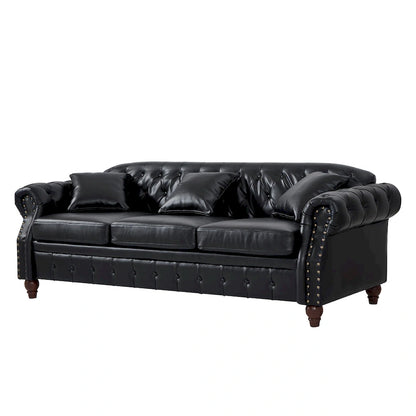 Technical Leather 3-Seater Sofa with Tufted Backrest and Storage